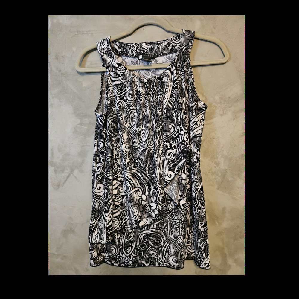 Carole Little Size M Black White Paisley Knit Scoop Neck Sleeveless Tank Top